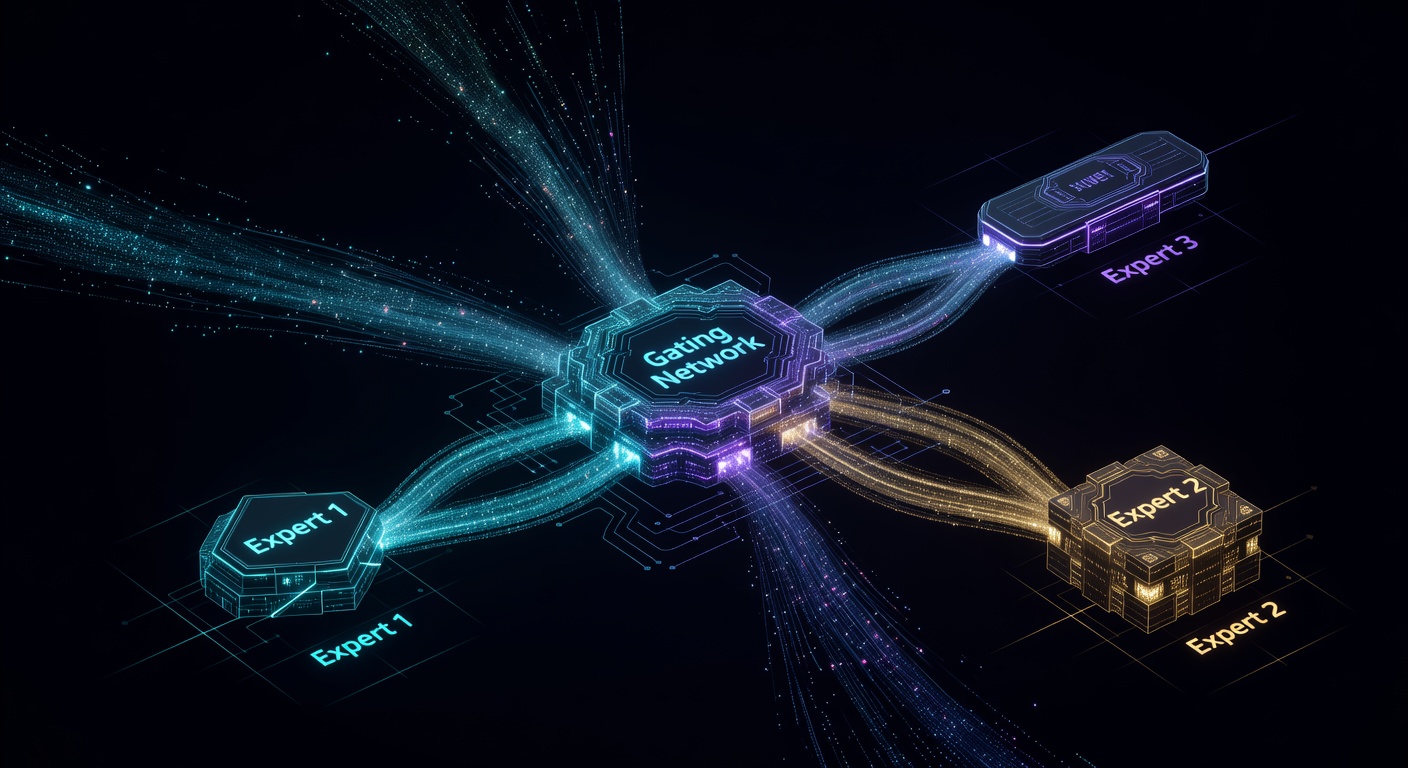 Gating network dynamically routing different tokens to specialized Expert networks distributed across GPUs