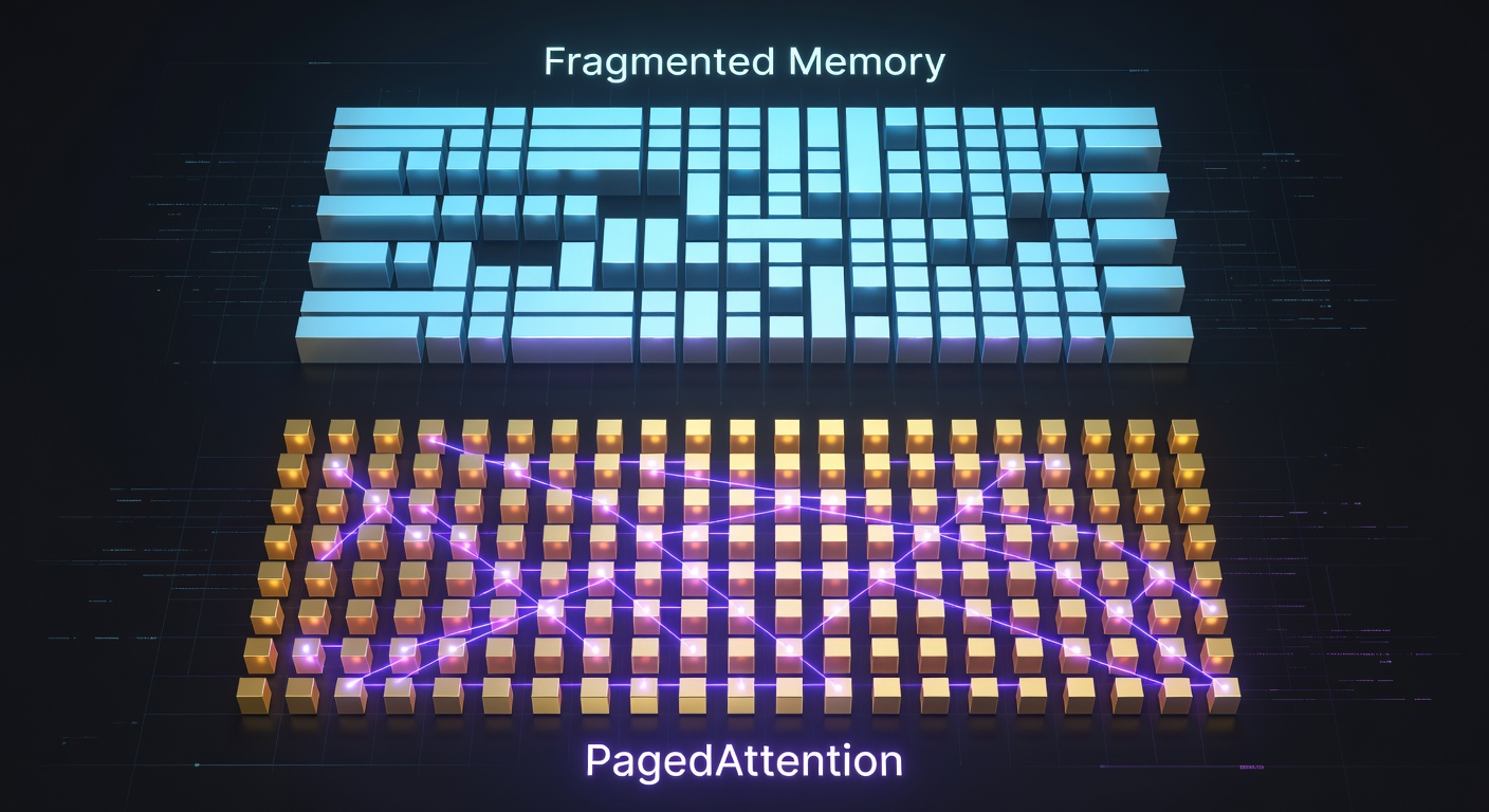 Comparison of fragmented contiguous memory allocation versus PagedAttention's uniform blocks with virtual linking