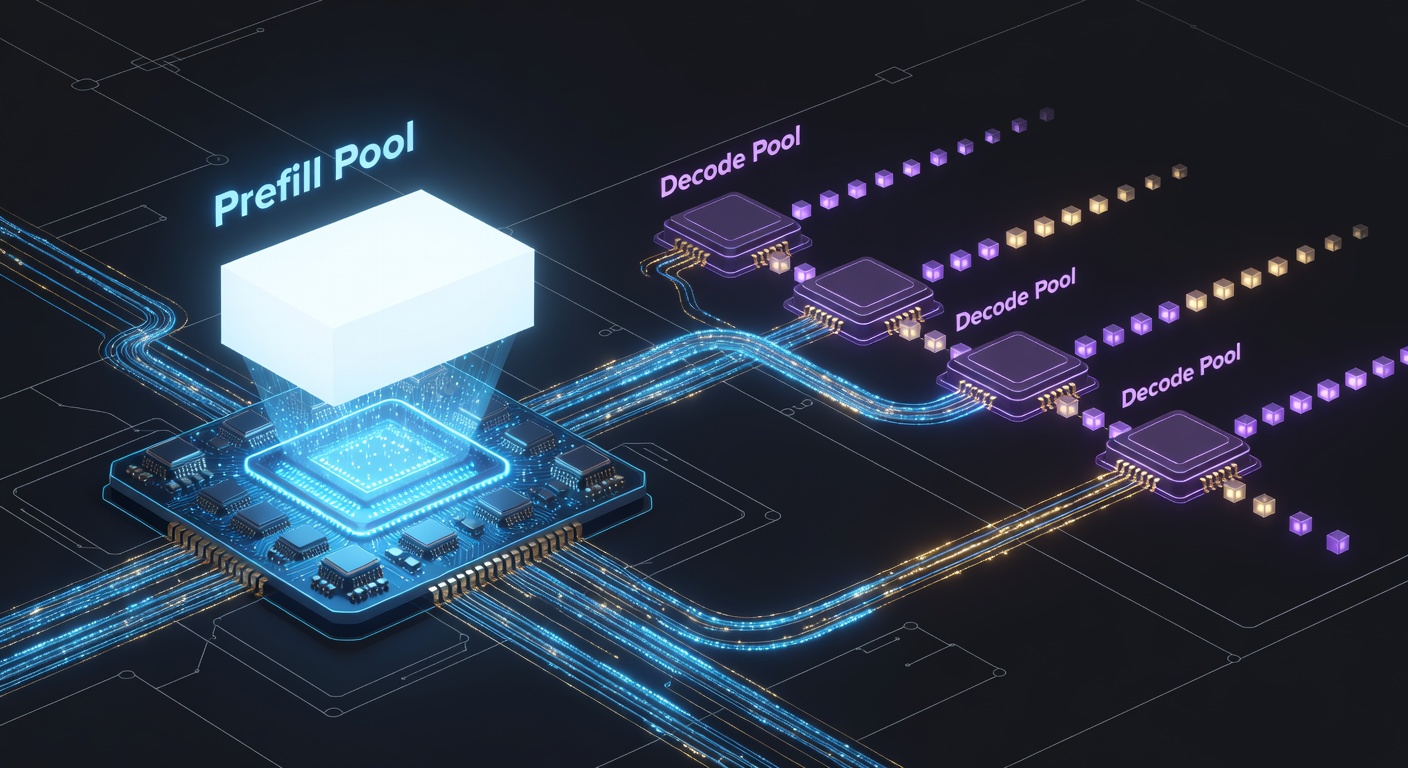 Diagram showing Prefill Pool (heavy parallel compute) connected via data bridge to Decode Pool (sequential token generation)