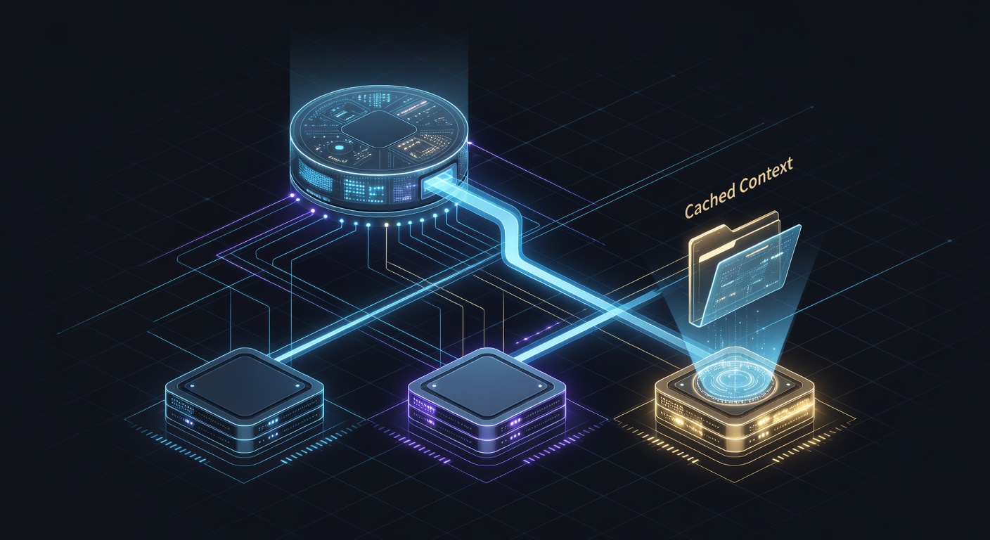 Load balancer intelligently routing a follow-up query to the specific server node that already holds the relevant cached context